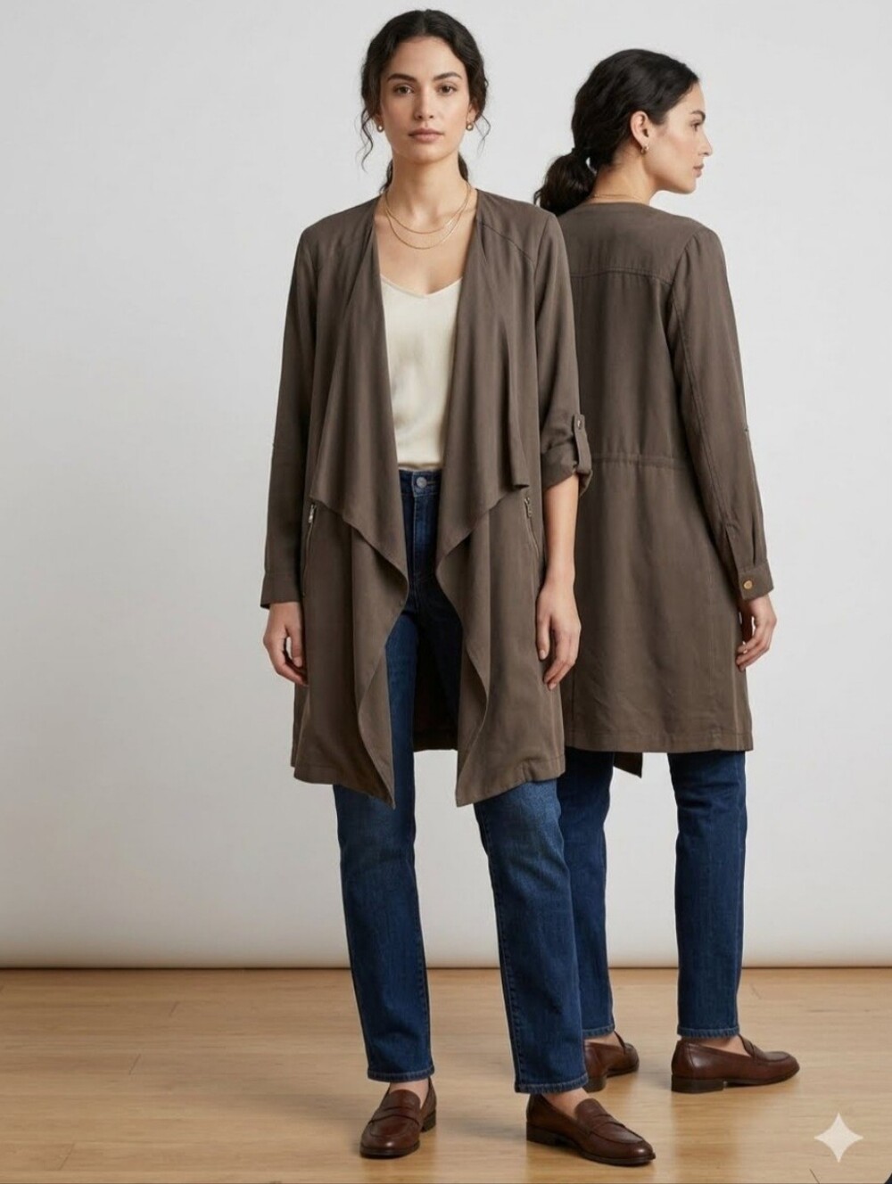 Eliane Rose Laganlook Cardigan Taupe Open Front Waterfall Pockets Tencel SZ L